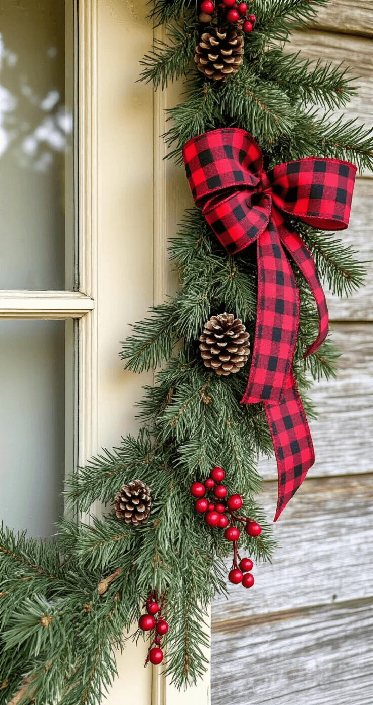 Close-up of a rustic garland featuring artificial pine and real cedar branches around a cream door frame, accented with cranberry buffalo check ribbon, pinecones, and red berries, against weathered barn wood siding, in soft morning light.