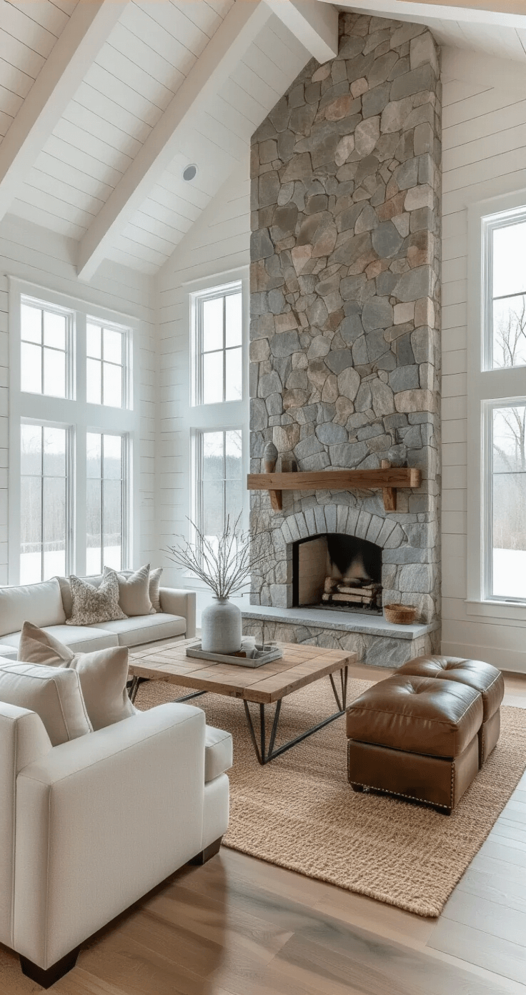 Capturing the Magic of Winter Landscapes: A Photographer's Guide Spacious great room with vaulted ceilings and exposed wooden beams, featuring a stone fireplace and cream sectional sofa, accented by jute rug and winter branches, captured from the kitchen in a cozy, well-lit atmosphere.