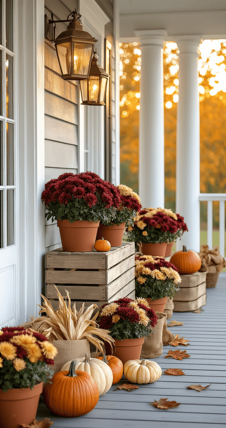 Photorealistic front porch scene at golden hour featuring white wooden columns, weathered gray floorboards, rustic crates with burgundy and cream chrysanthemums, orange pumpkins, cream gourds, and vintage brass lanterns casting warm light, all adorned with burlap ribbons, dried corn husks, and scattered oak leaves in autumn colors.