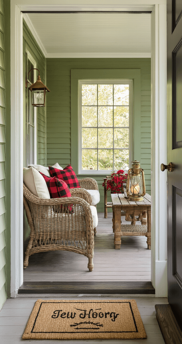 Cozy seating area viewed through an open front door, featuring a wicker chair with cream cushions and a red plaid throw pillow, a natural wood side table with a vintage brass lantern, sage green walls with cranberry accents, and a jute doormat with a holiday greeting.