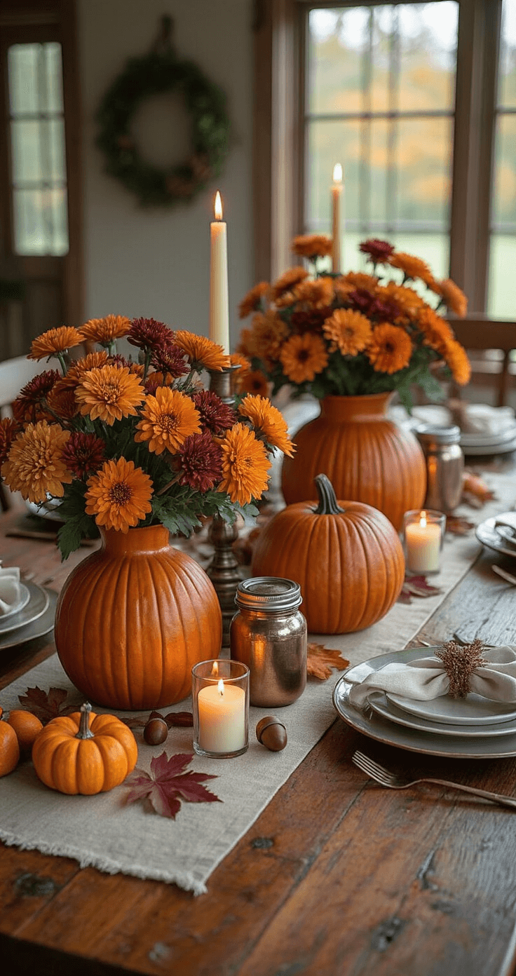 Bird's eye view of a cozy dining room centerpiece featuring a distressed mahogany farmhouse table adorned with carved orange pumpkin vases holding deep orange and golden yellow mums, flanked by vintage mason jars with cream-colored blooms, metallic copper planters with pillar candles, and scattered acorns, mini gourds, and burgundy maple leaves, all under warm pendant lighting.