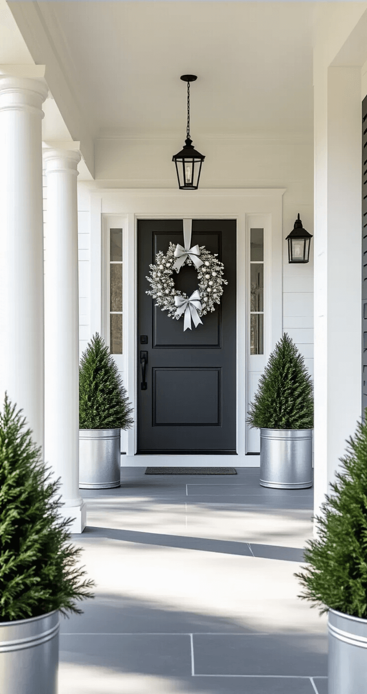 Symmetrical minimalist porch with white columns, simple roof, silver planters with evergreen arrangements, a charcoal door adorned with a white ornament wreath, and white string lights, all set on gray stone flooring.