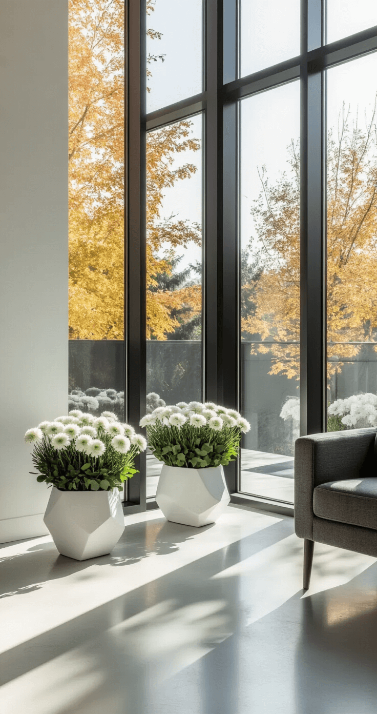 Modern living room corner featuring floor-to-ceiling windows with black frames, minimalist white ceramic planters with white mums and eucalyptus, charcoal gray furniture, and polished concrete floors, all bathed in natural afternoon light.
