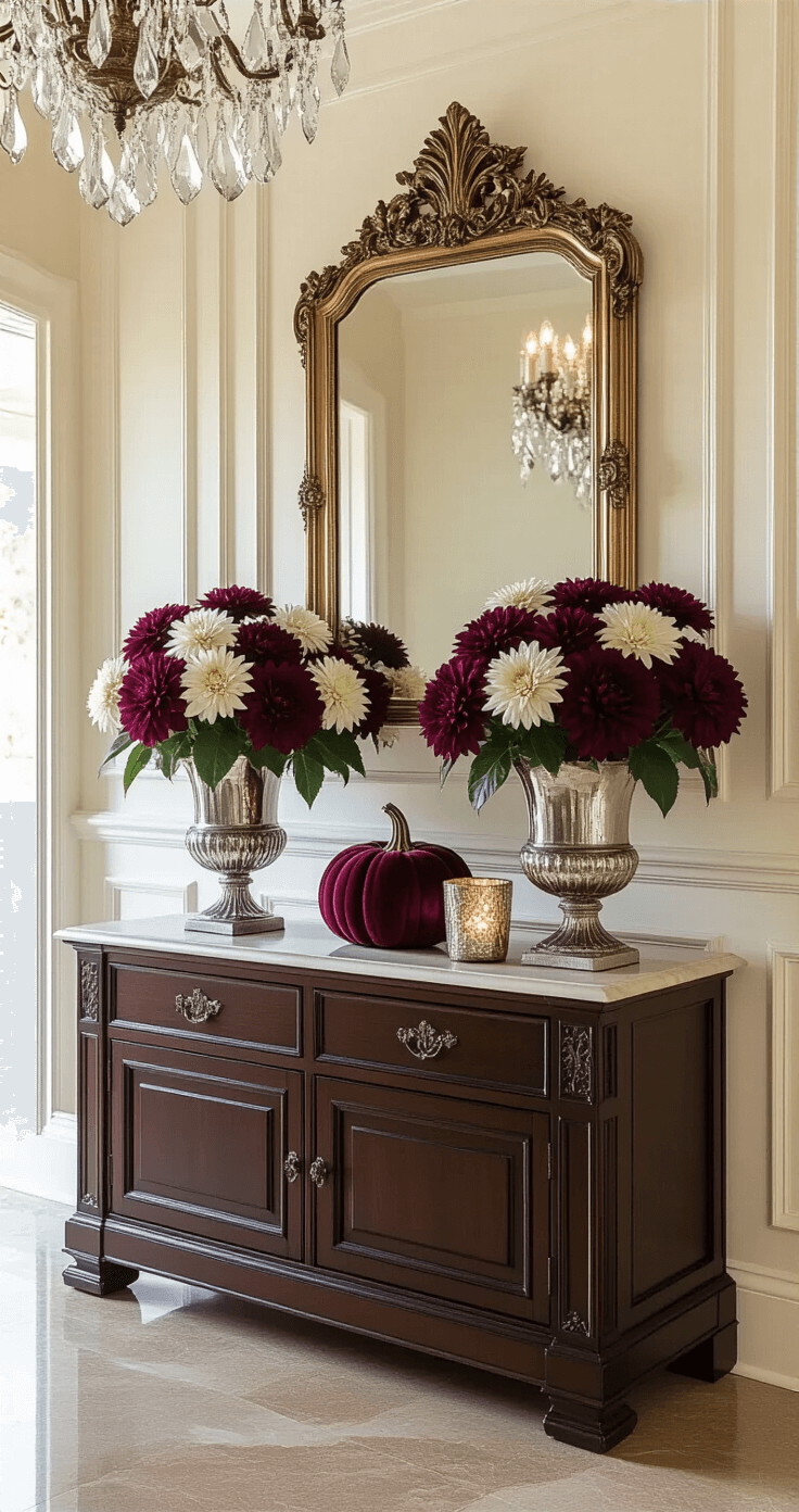 Elegant entryway console with dark walnut furniture, cream wainscoting, and sophisticated autumn arrangement featuring burgundy and cream mums in antique silver urns, mercury glass votives, and velvet pumpkins, all illuminated by warm candlelight and a crystal chandelier.