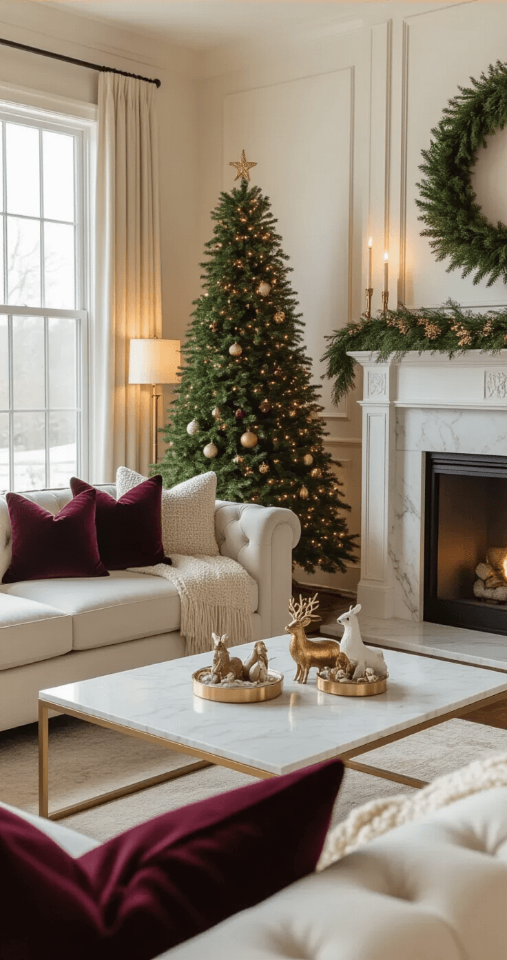 Elegant living room at golden hour with a sage green Christmas tree by a white marble fireplace, cream sectional sofa adorned with burgundy velvet throw pillows, and a gold metallic coffee table featuring mini ceramic woodland animals, all in a rich burgundy and gold color palette with cream accents and warm amber lighting.