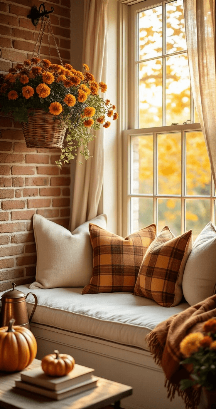 Cozy reading nook with a built-in window seat featuring cream cushions and plaid throw pillows, illuminated by golden sunset light. Hanging baskets of trailing mums in deep orange and yellow, a vintage book arrangement, a copper watering can, and ceramic pumpkins decorate a nearby side table. An exposed brick wall adds texture, while warm wool textures and soft autumn colors create a peaceful atmosphere, captured from a seated eye level angle.