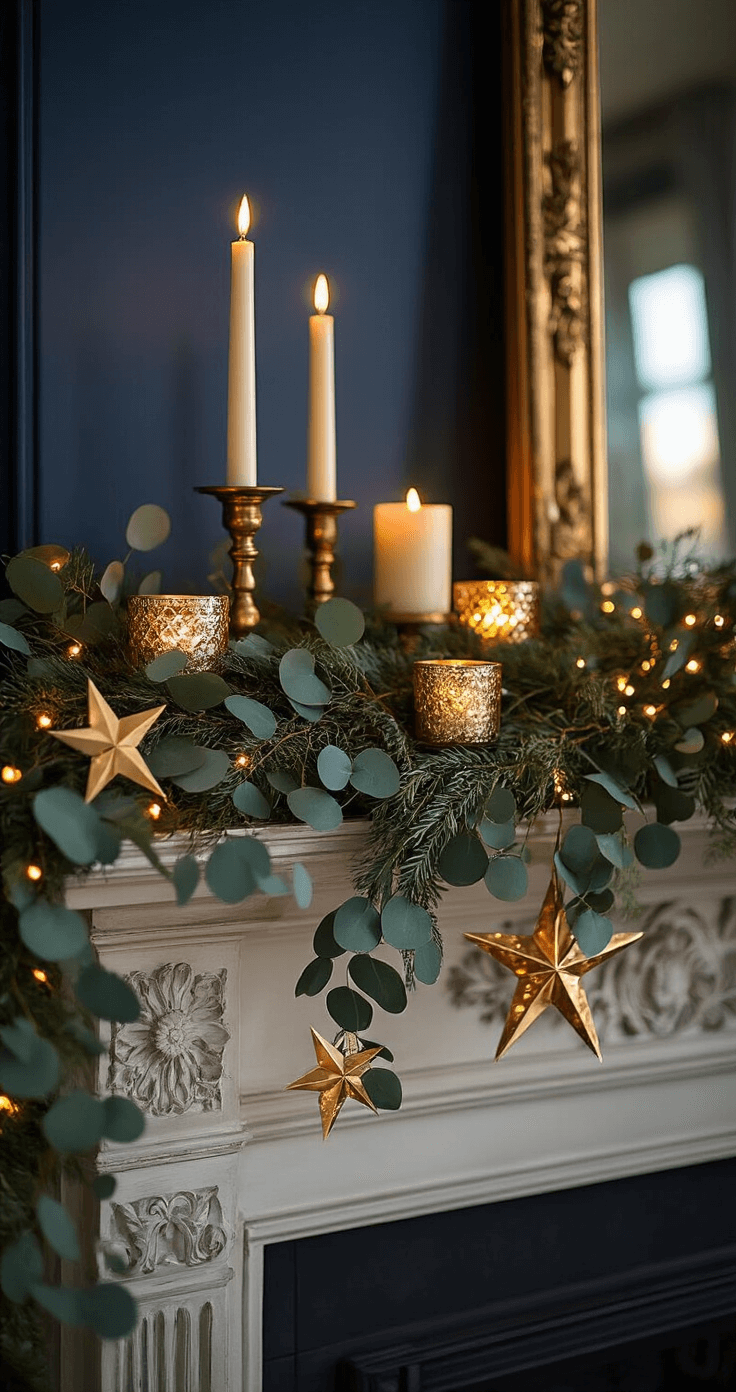 Close-up of an ornate fireplace mantel at twilight, adorned with a mix of cascading artificial garland and real eucalyptus, illuminated by fairy lights. Three varying-height brass candlesticks and mercury glass votives add warmth, while handmade metallic gold paper stars and a large vintage mirror reflect the candlelight. The deep navy, gold, and white color palette, combined with rich textures, creates a magical holiday atmosphere.