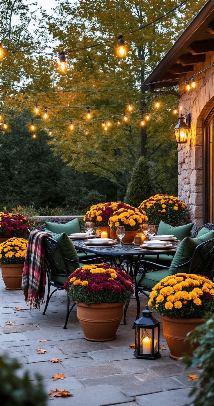 Outdoor patio dining area at twilight with stone pavers, wrought iron furniture, dark green cushions, terracotta pots of fall mums in burgundy, orange, and yellow, string lights overhead, plaid blankets, lanterns, and scattered autumn leaves, captured from table height in warm ambient lighting.