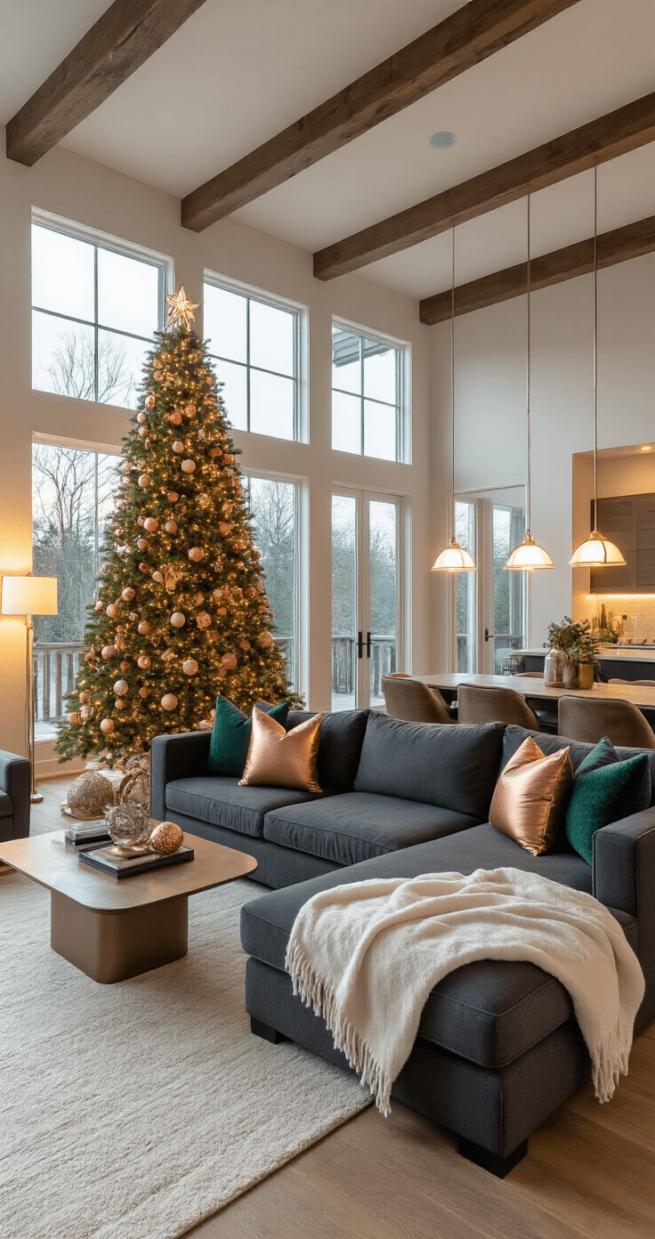 Wide shot of a modern open-concept living room at dusk, featuring a Christmas tree as a stylish room divider. The room includes a charcoal sectional adorned with copper pillows, ivory cashmere blankets, and a tree decorated with emerald and blush ornaments. Hardwood floors and exposed beam ceilings complement the decor, with warm lighting from table lamps and no overhead lights, showcasing a rich color palette of copper, charcoal, and ivory with emerald accents. Mixed textures are visible, including leather, cashmere, metallic ornaments, and natural wood.