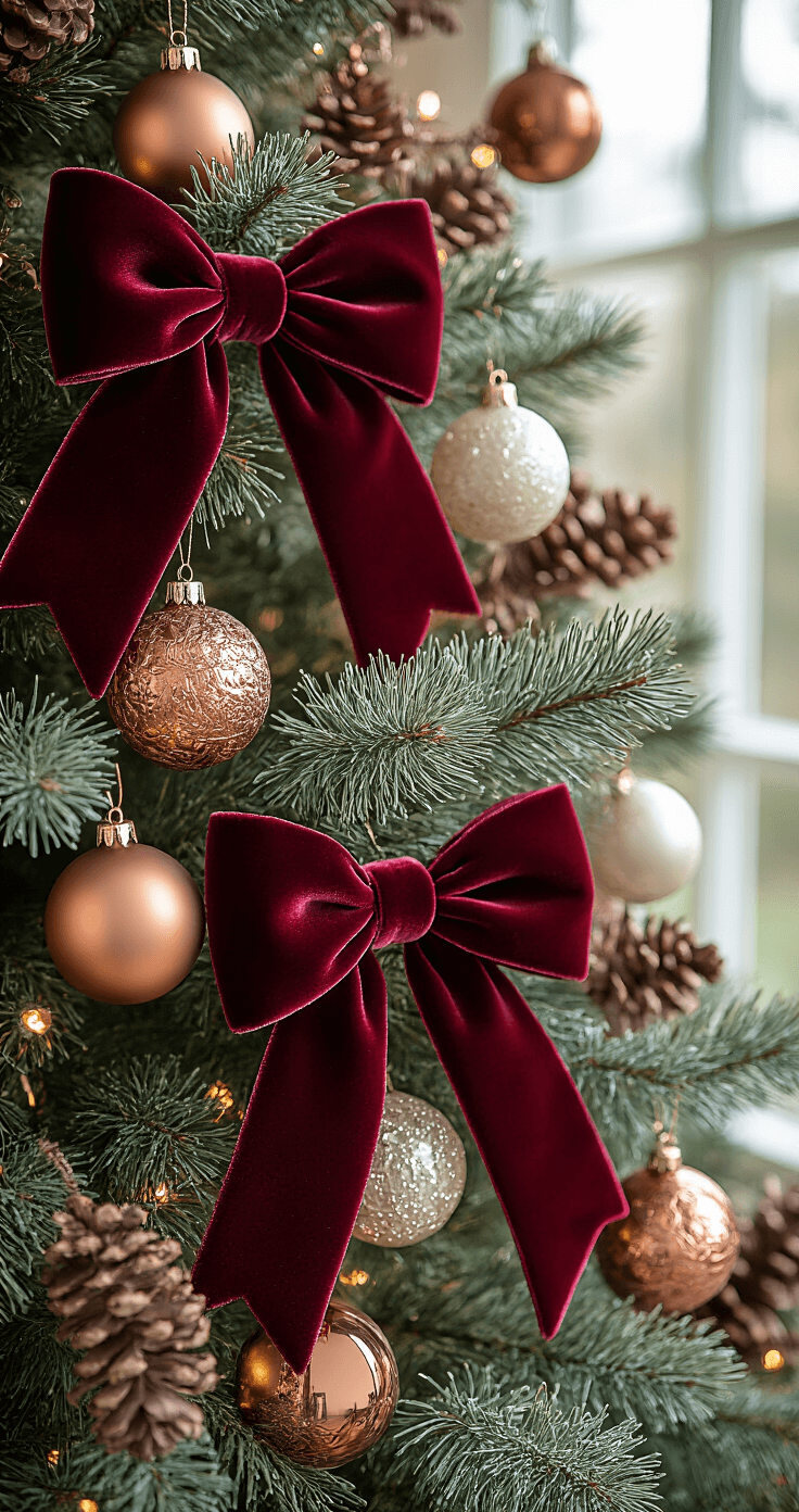 Macro shot of a luxury Christmas tree featuring rich jewel-toned velvet ribbon bows, vintage glass ornaments, and modern copper spheres, set against layered branch textures of artificial pine and real cedar. The focus is on an oversized burgundy velvet bow, complemented by a sophisticated color palette of burgundy, copper, and ivory, along with multiple textures including glass, velvet, wood, and metallic finishes, illuminated by natural light and warm LED lights.