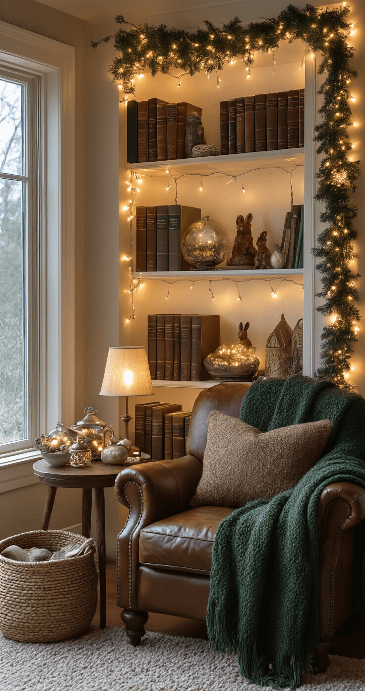 Cozy living room corner at dusk with built-in bookshelves adorned with garland and fairy lights, vintage family ornaments in glass bowls, a leather reading chair with a forest green throw, and a side table featuring ceramic woodland creatures, all illuminated by warm lamplight.