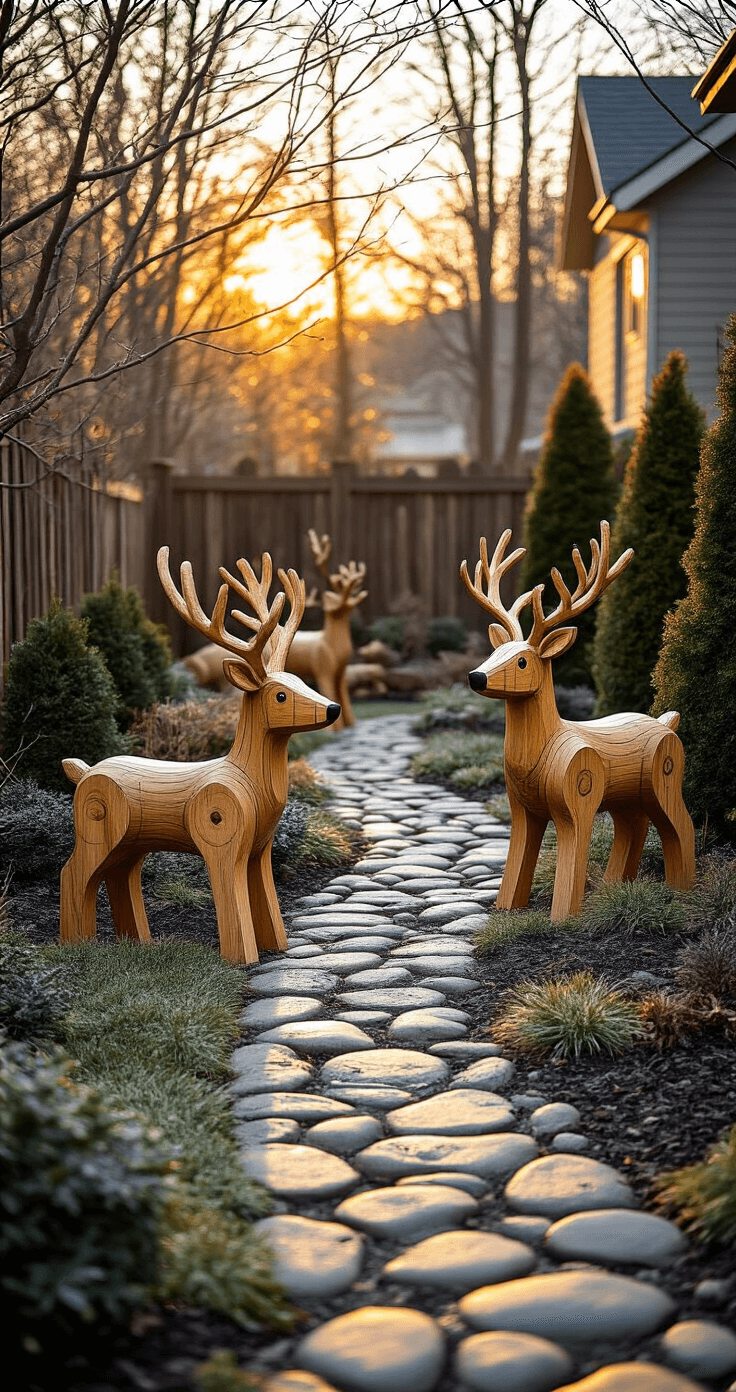 Magical Christmas Garden Ideas: Transform Your Outdoor Space into a Festive Wonderland Photorealistic outdoor garden scene at golden hour with handcrafted wooden log reindeer along a cobblestone path, surrounded by evergreen shrubs and bare winter trees, warm amber sunlight creating dappled shadows on frost-kissed grass, and a cozy home in the background with a warm window glow.