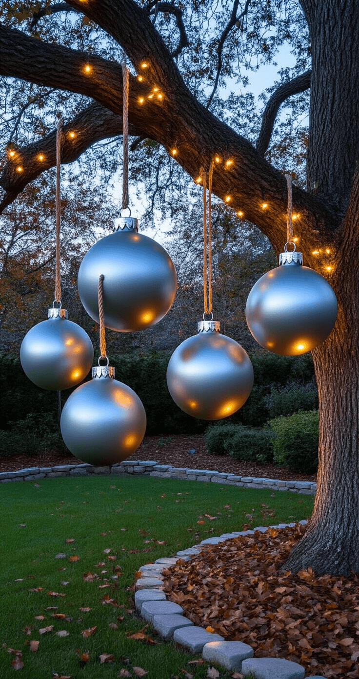 Magical Christmas Garden Ideas: Transform Your Outdoor Space into a Festive Wonderland Stunning twilight garden scene featuring silver spray-painted terracotta pots as oversized Christmas ornaments hanging from oak tree branches, surrounded by established landscaping and twinkling string lights.