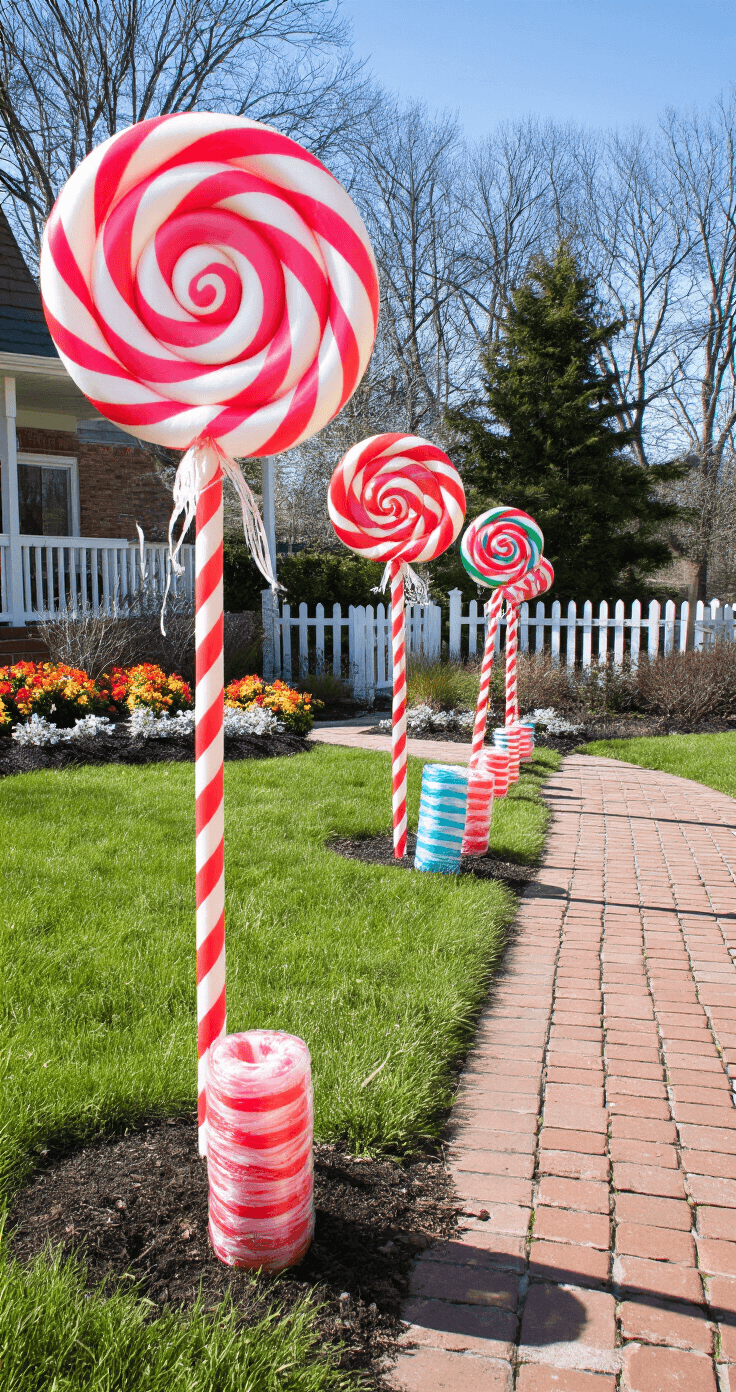Magical Christmas Garden Ideas: Transform Your Outdoor Space into a Festive Wonderland A whimsical daylight garden scene featuring oversized candy decorations made from colorful pool noodles in a manicured front yard, including giant spiral lollipops, candy canes lining a brick walkway, and wrapped candy cylinders, all set against a clear winter sky with crisp shadows.