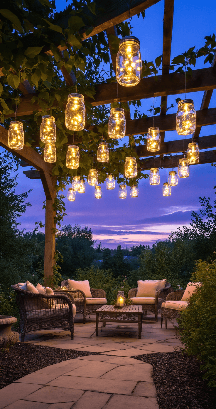 Magical Christmas Garden Ideas: Transform Your Outdoor Space into a Festive Wonderland Enchanting evening garden scene with mason jar lanterns filled with solar fairy lights, illuminating a cozy backyard space under a rich purple-blue sky, featuring varying heights of hanging jars, lush greenery, and soft outdoor furniture.