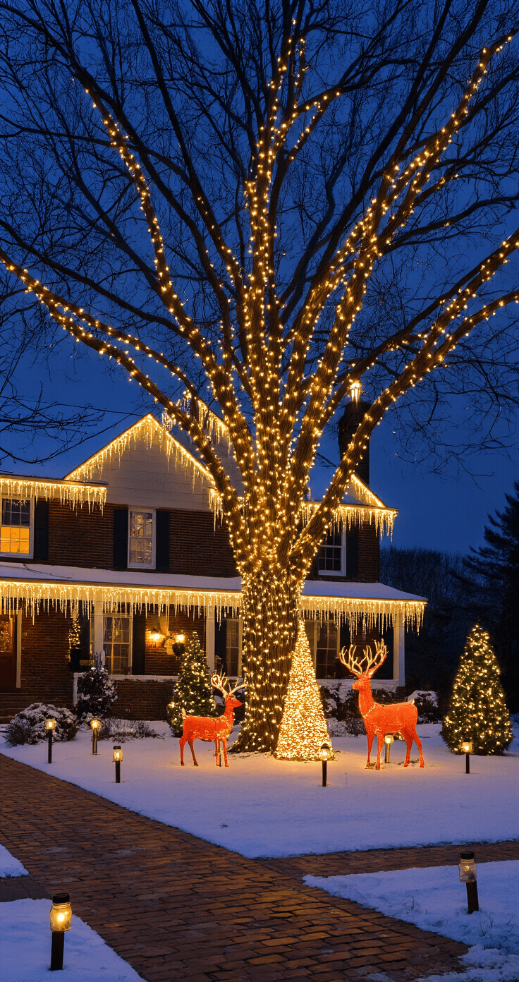 Photorealistic winter evening front yard scene featuring a two-story colonial home illuminated with warm golden C9 bulbs, icicle lights, and a glowing oak tree wrapped in mini lights, complemented by a snow-dusted lawn with a wooden reindeer family and mason jar solar lanterns along the brick walkway, all set against a deep navy sky.