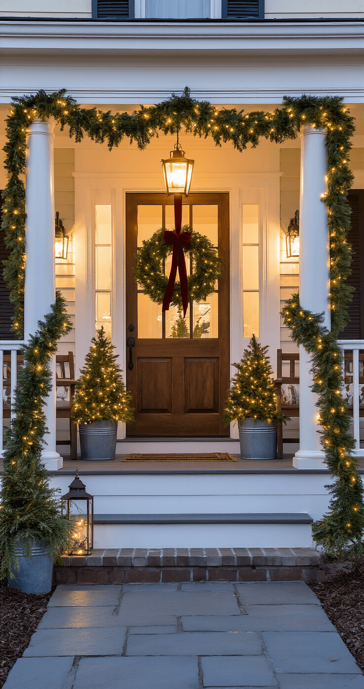 Intimate front porch decorated for the holidays at dusk, featuring white columns, evergreen garland with warm LED lights, a pre-lit wreath with burgundy ribbon, matching potted mini trees, and glowing pathway lights, all against a backdrop of cream siding and traditional holiday colors.
