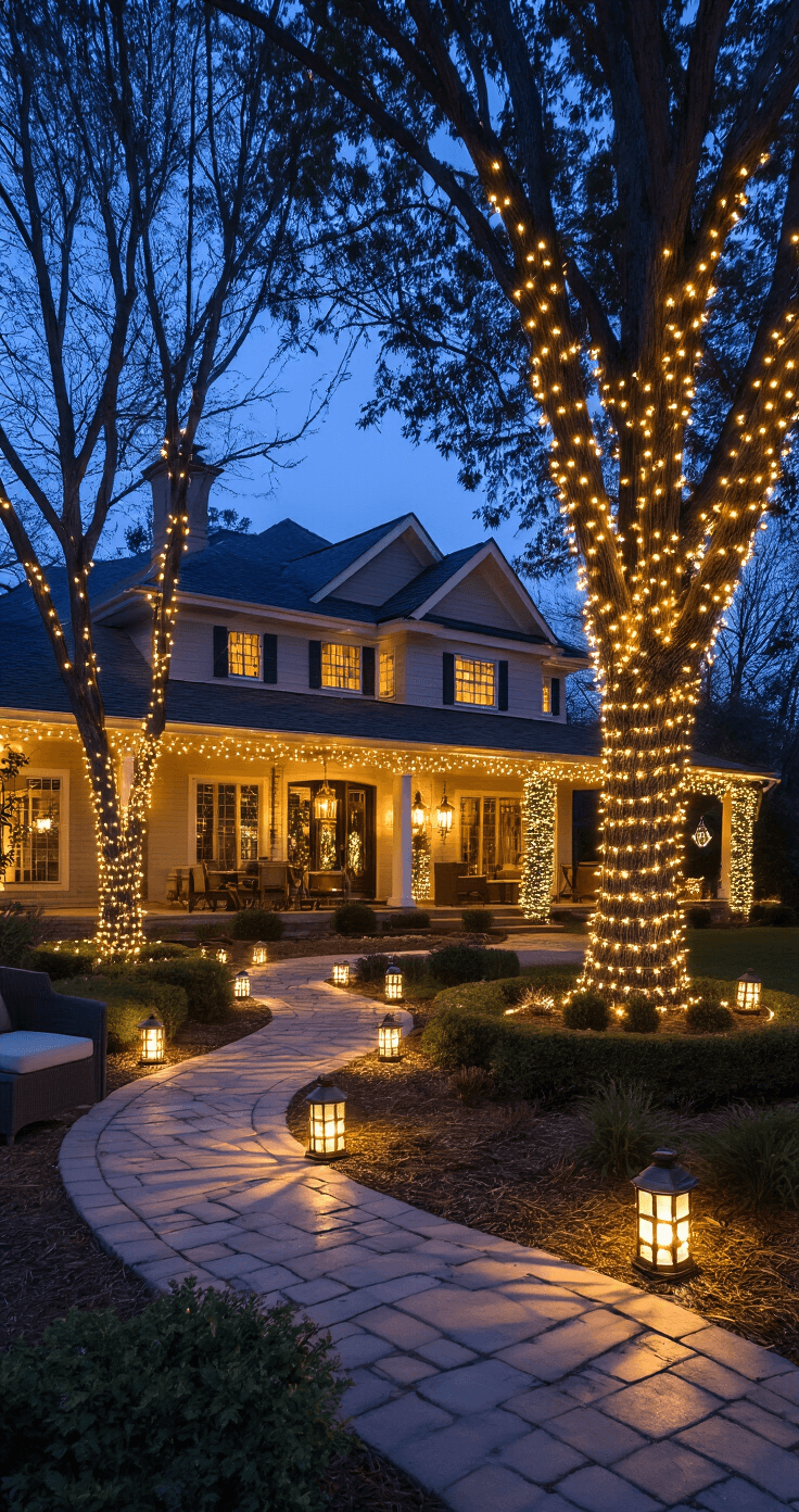 Magical Christmas Garden Ideas: Transform Your Outdoor Space into a Festive Wonderland Twilight photograph of a luxurious suburban backyard adorned with comprehensive outdoor Christmas lighting, featuring LED string lights and solar lanterns that create a warm, inviting atmosphere against the cool evening sky.