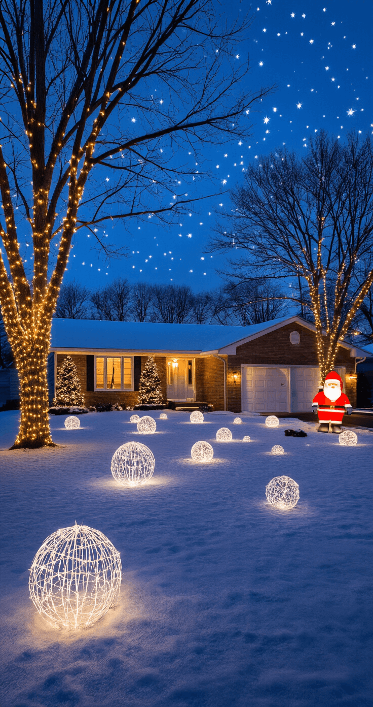 A wide suburban landscape at night featuring a sprawling ranch home on a corner lot, adorned with dramatic tree lighting that highlights mature maples and evergreens, glowing mini lights wrapped around tree trunks, scattered chicken wire light spheres across a snow-covered lawn, a 10-foot inflatable Santa near the driveway, and cool white LED lights creating a winter wonderland effect, all captured in a professional real estate photography style.