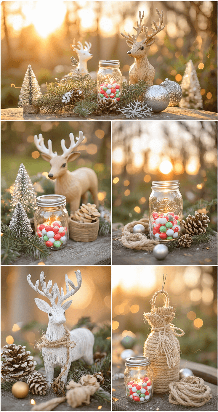 Magical Christmas Garden Ideas: Transform Your Outdoor Space into a Festive Wonderland Intimate close-up photos of mixed Christmas decoration arrangements in a garden during golden hour, highlighting DIY elements like wooden reindeer, mason jar bokeh, and candy decorations with rich textures and warm lighting.