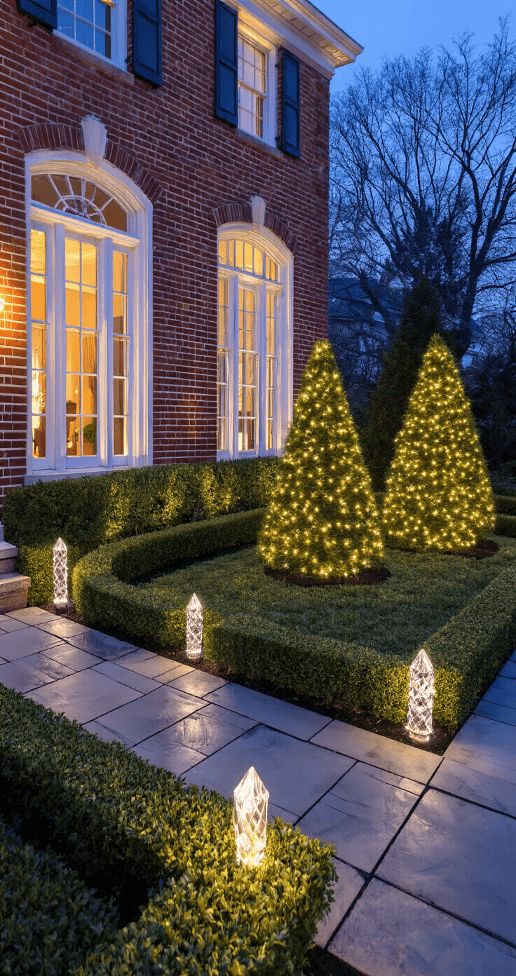 Elegant twilight scene of a formal front garden with a Georgian home, featuring silver and blue accents, C7 LED lights outlining the architecture, precisely trimmed boxwood hedges with cool white mini lights, graduated cone trees, and crystal pathway markers along a flagstone walkway, all within an upscale neighborhood, highlighting refined holiday sophistication.