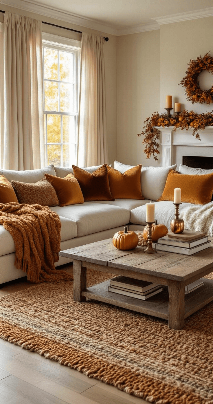 The Ultimate Guide to Fall Home Decor: Transform Your Space Into a Cozy Autumn Haven Photorealistic living room with cream walls and hardwood floors, featuring a large sectional sofa adorned with chunky cable-knit throws, velvet pillows, and faux fur accents. The rustic wooden coffee table is styled with copper candle holders, mini pumpkins, and leather-bound books. The fireplace mantel is decorated with autumn garland and candles, while a wool area rug anchors the seating area, all bathed in warm golden hour lighting.