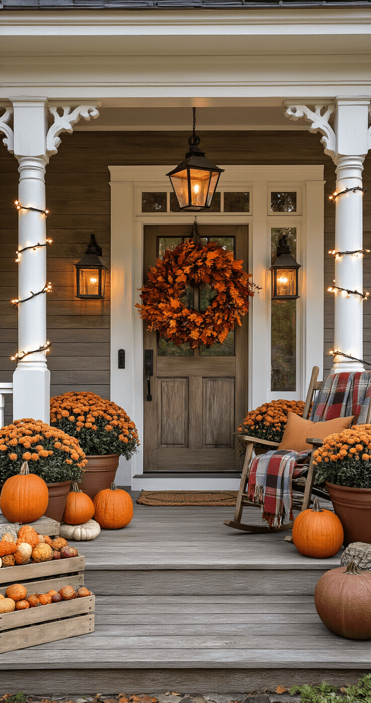 The Ultimate Guide to Fall Home Decor: Transform Your Space Into a Cozy Autumn Haven A cozy autumn-themed front porch featuring white columns and railings, adorned with a large fall wreath on the door, ceramic planters with bronzed mums, and pumpkins displayed on vintage crates. A plaid throw drapes over a rocking chair, while lanterns and string lights illuminate the scene in golden hour light.