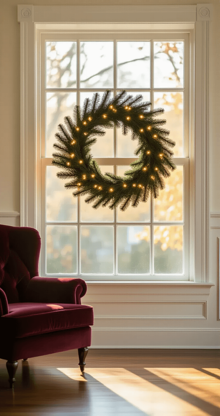 Large Victorian-style living room window with white trim centered on an evergreen wreath adorned with battery-powered warm white lights, as golden hour sunlight filters through, casting warm shadows on hardwood floors; interior features cream walls and a burgundy velvet armchair, creating a cozy, elegant atmosphere.