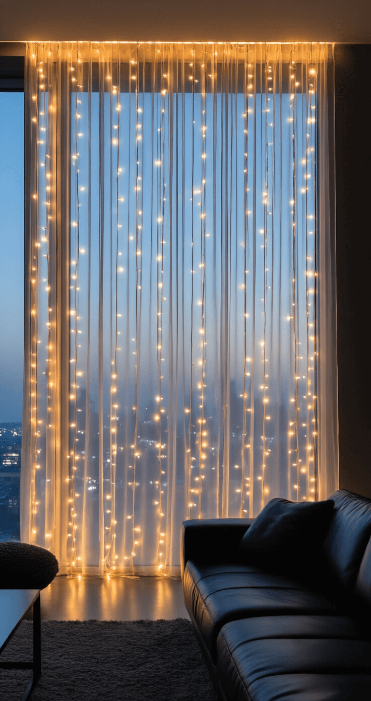 A sophisticated urban living room featuring floor-to-ceiling modern windows adorned with battery-powered string lights, creating an elegant curtain effect. The evening blue hour outside contrasts with the warm glow of the LED lights. The minimalist interior has charcoal gray walls and a sleek black leather sofa, with layered illumination from various light sizes.