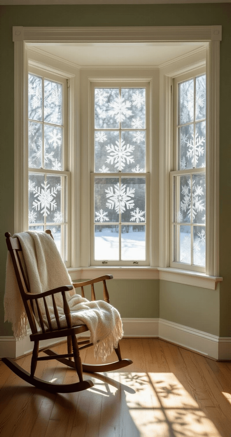 A cozy bay window adorned with frosted snowflake clings casts intricate geometric shadows on warm oak flooring, complemented by sage green walls, an antique rocking chair, and a cream wool throw, all illuminated by soft afternoon winter light.