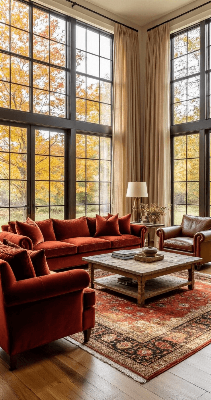 Spacious living room featuring golden hour light through large windows, deep crimson velvet sofas, bronze leather armchairs, rustic oak coffee table, gleaming maple hardwood floors with amber-toned Persian rugs, and fall foliage views framed by floor-to-ceiling windows, all accented by warm ochre linen curtains and copper and brass details.