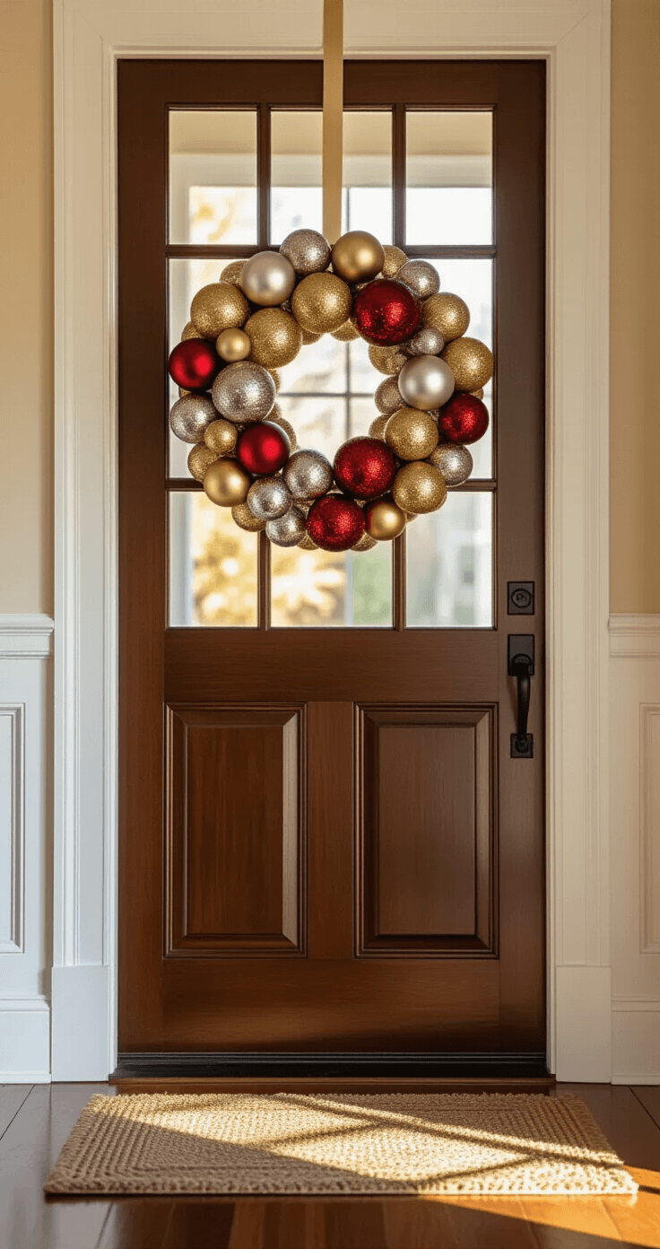 Cozy living room with a mahogany front door adorned with a handmade 24-inch ornament wreath featuring gold, silver, and deep red balls, illuminated by golden hour light, highlighting the ornate textures amidst warm beige walls and polished hardwood floors.