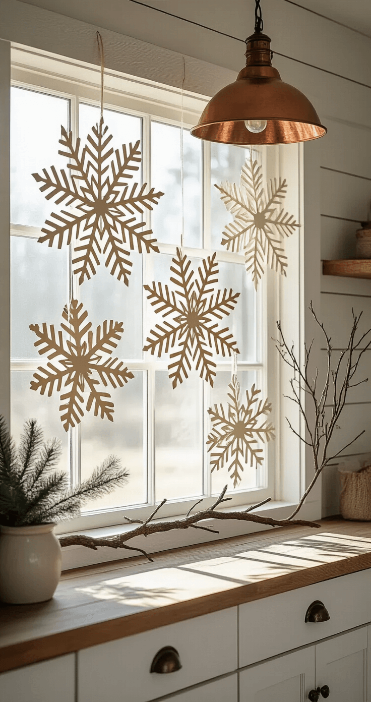 A rustic farmhouse kitchen window decorated with large, handcrafted cream paper snowflakes, illuminated by morning light creating beautiful silhouettes, against a backdrop of white shiplap walls and a reclaimed wood windowsill, with a copper pendant light above and pine branches framing the scene, evoking a cozy country Christmas atmosphere.