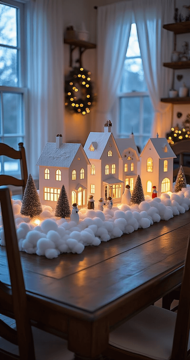 Intimate dining room featuring a DIY Christmas village centerpiece on a dark walnut farmhouse table, with glowing white-painted cardboard houses, cotton batting snow drifts, and ceramic figurines, all set in a cozy atmosphere enhanced by evening twilight and warm lighting.