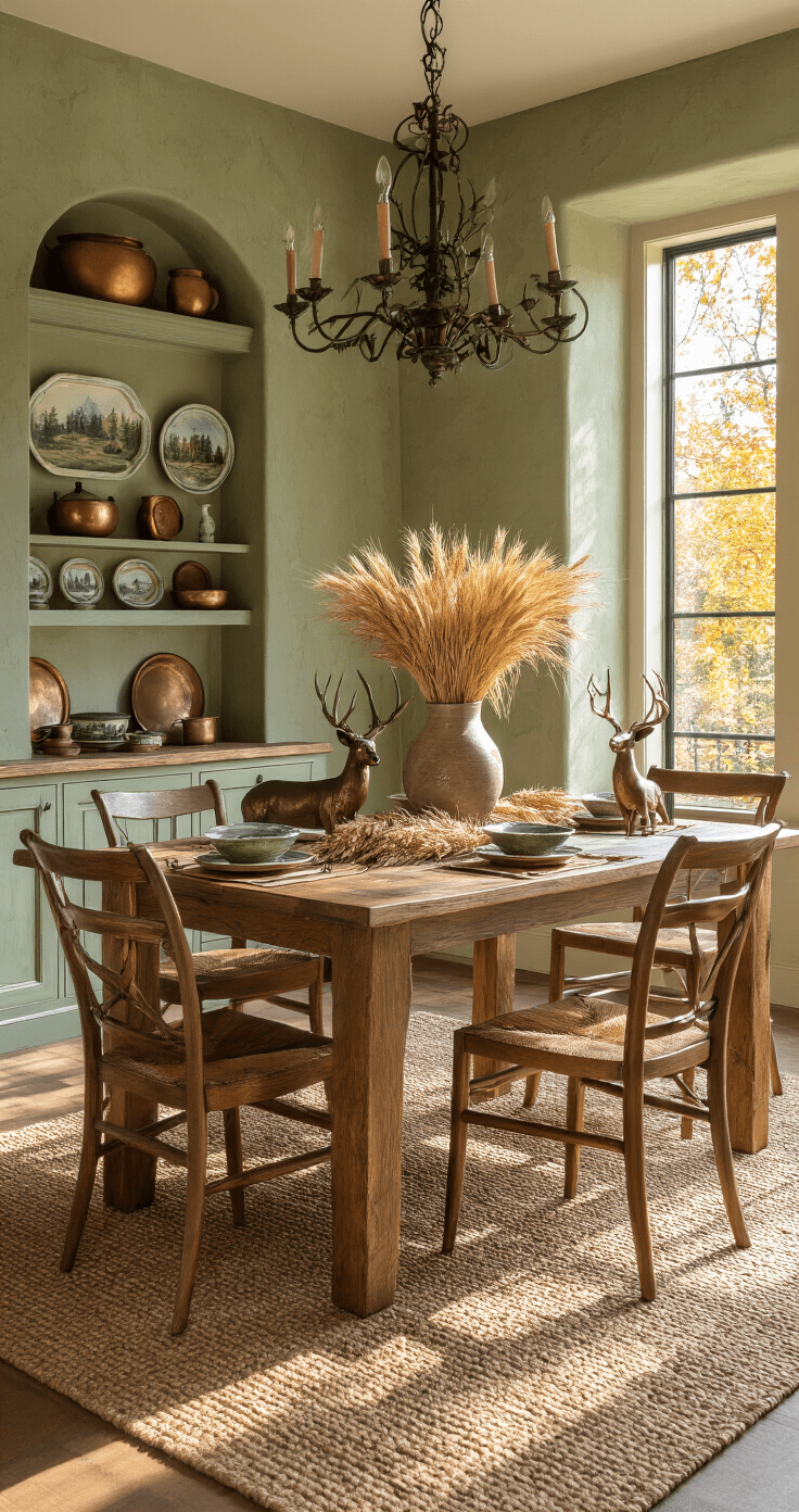 Intimate dining room illuminated by warm afternoon light, featuring a reclaimed walnut table with bronze deer figurines, dried wheat decor, and hand-painted ceramic plates. A wrought iron chandelier casts shadows on sage green plaster walls, while a built-in hutch showcases copper pieces, all anchored by a woven jute rug.