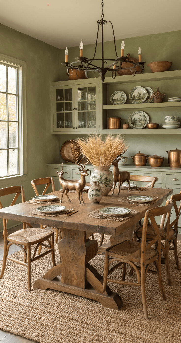 Intimate dining room with warm afternoon light, featuring a reclaimed walnut table for eight, adorned with bronze deer figurines and dried wheat, surrounded by ceramic plates depicting forest scenes, a wrought iron chandelier, textured sage green walls, a copper hutch, and a woven jute rug, all exuding rustic sophistication.