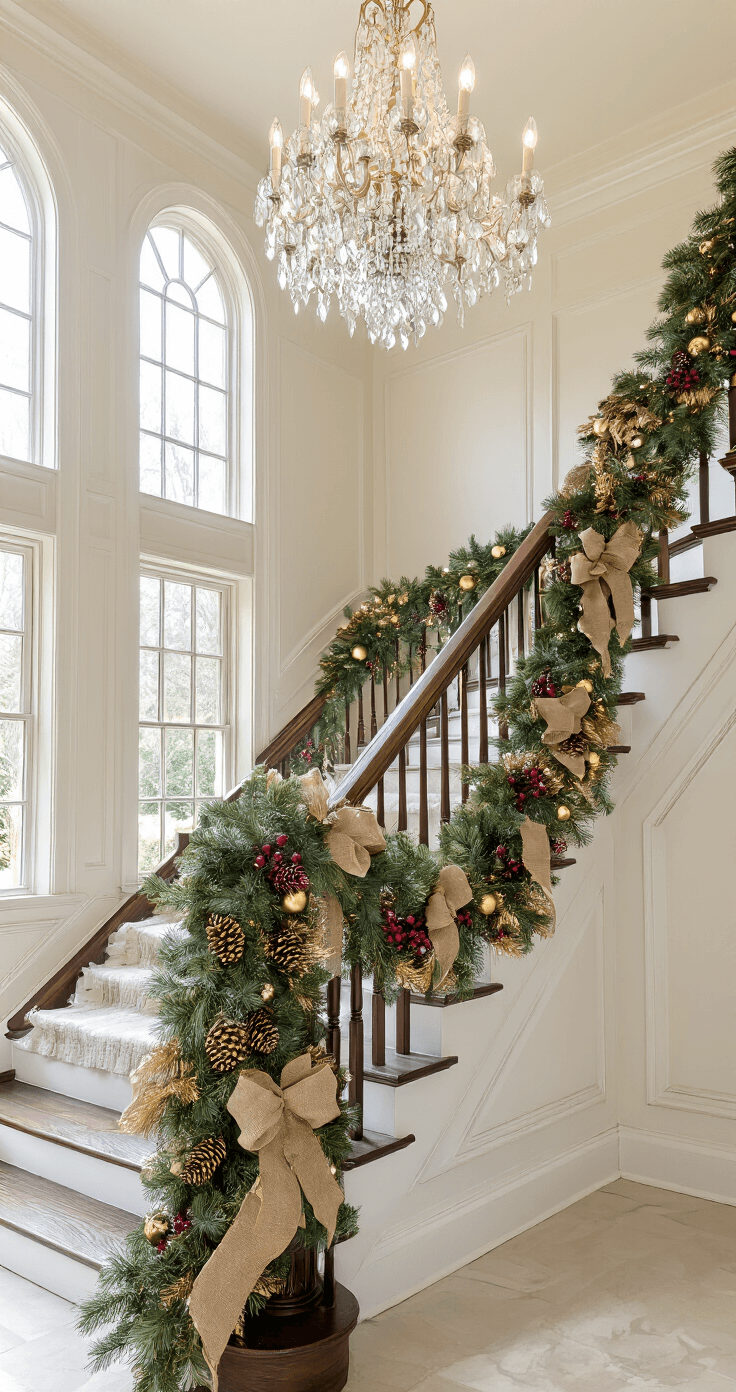 A grand staircase in a colonial home adorned with lush artificial pine garland, featuring gold-spray-painted pinecones, burgundy berries, and burlap bows, under a crystal chandelier. Morning sunlight streams through a palladium window, accentuating the textures and warm color palette.