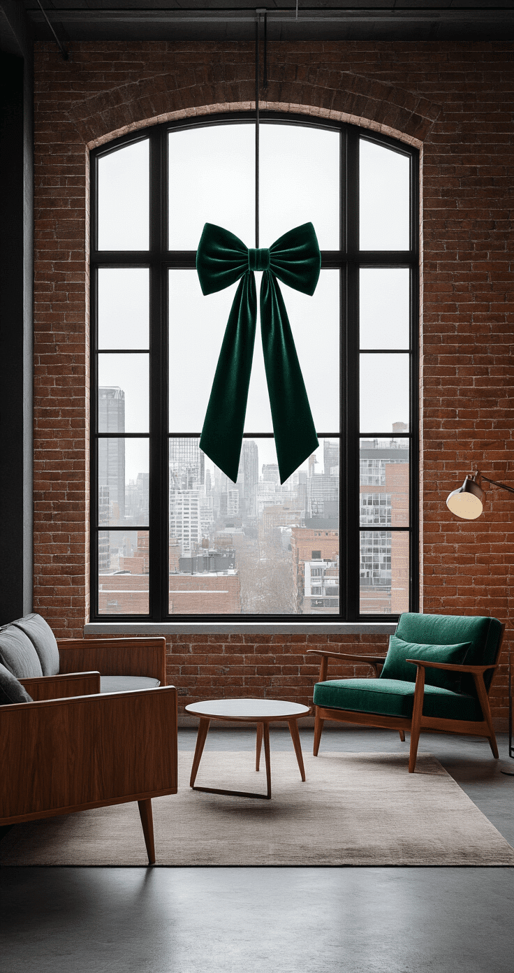 A wide shot of a sleek urban loft featuring a floor-to-ceiling black-trimmed window showcasing a city view, with an oversized deep emerald green velvet bow at its center. The interior has exposed brick walls, mid-century modern walnut furniture, and concrete floors, creating a contemporary Christmas vibe with bold minimalist aesthetics.