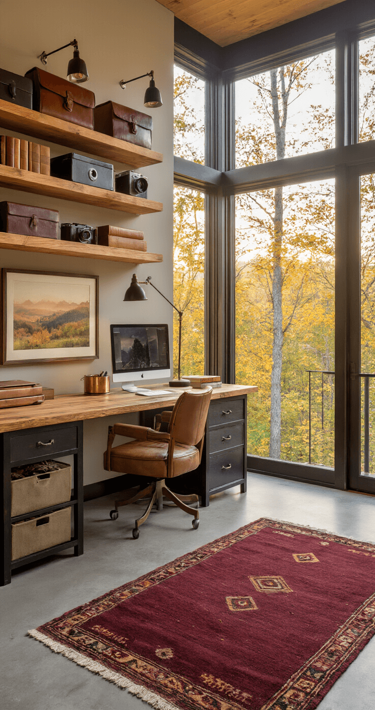 Photographer's home office with vintage cameras, leather-bound journals, an antique oak desk, and a gallery wall of autumn landscape prints, all illuminated by golden hour light through floor-to-ceiling windows, featuring a Moroccan rug and organized storage solutions.