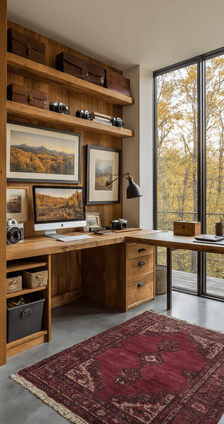 A creatively designed home office featuring cedar shelving with vintage cameras, an antique oak desk with modern gear, and a gallery wall of autumn landscape prints, all illuminated by golden hour light through large windows overlooking a forest.
