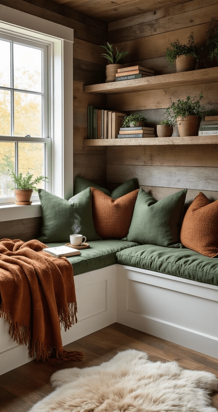 Cozy autumn meditation space with built-in window seat, thick forest green cushions, floating shelves of mindfulness books, reclaimed barn wood walls, handwoven throw blankets, small side table with journal and tea cup, sheepskin rug on pine floors, all bathed in soft morning light.
