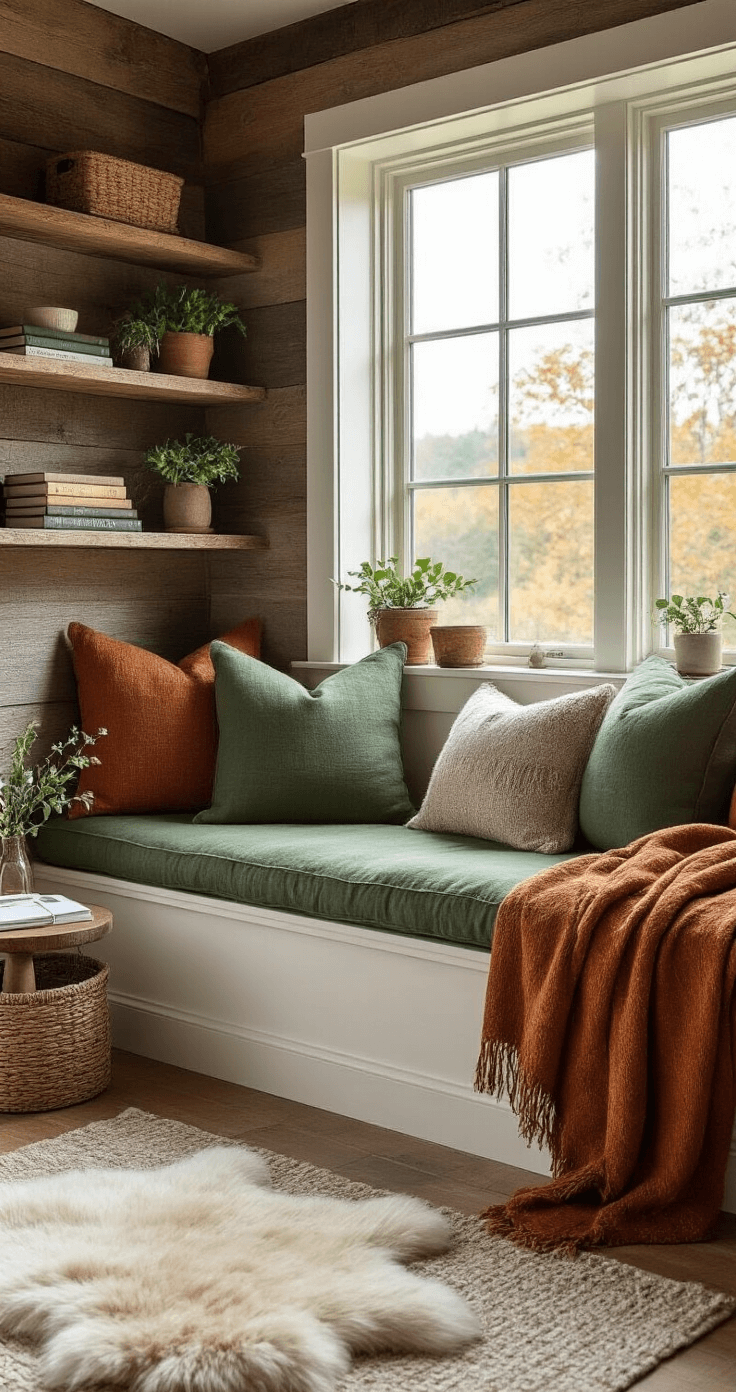 Cozy autumn meditation nook with a built-in window seat in forest green linen, surrounded by mindfulness books and potted plants, featuring reclaimed barn wood walls and crisp white trim, accented by rust and gold throw blankets, a side table with a journal and tea cup, and a sheepskin rug on wide-plank pine floors, all bathed in soft morning light.