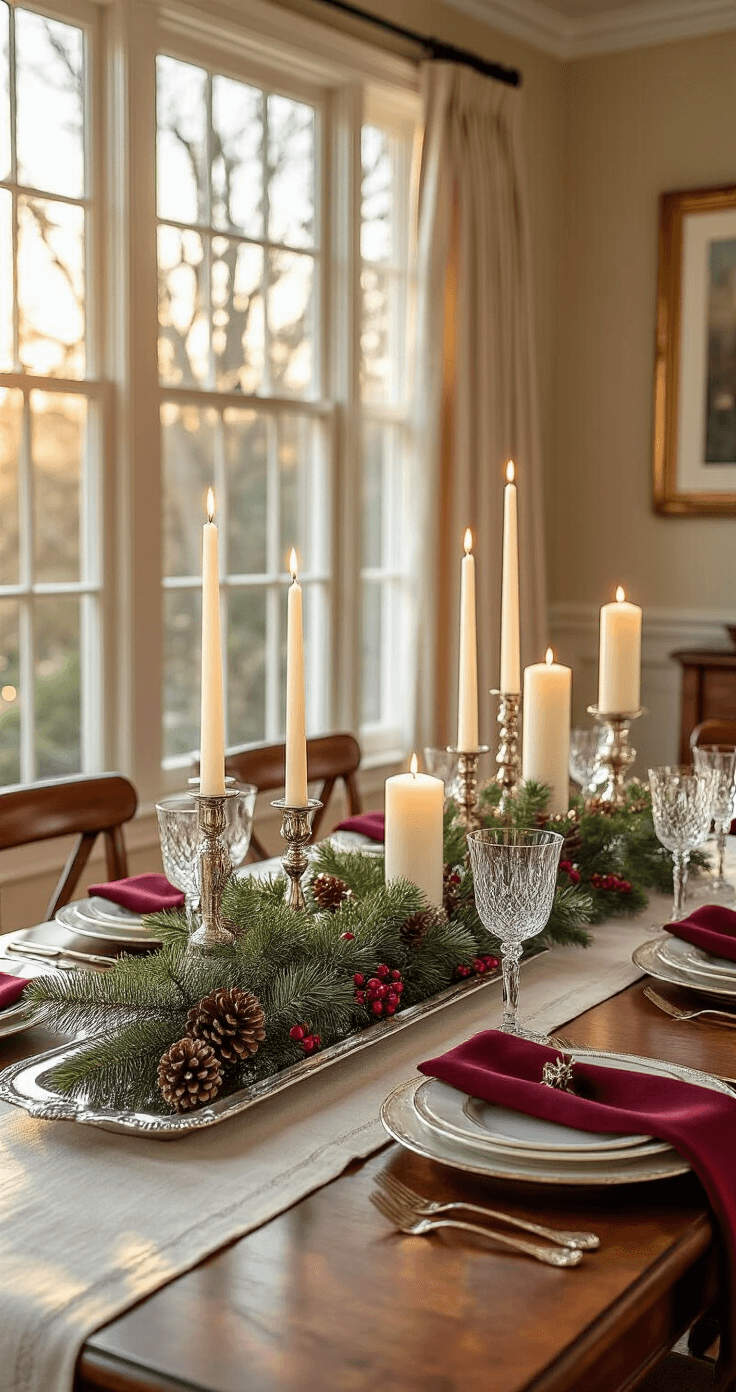 Elegant dining room at golden hour, with warm natural light highlighting a mahogany table set for eight, featuring a low silver centerpiece with noble fir branches, white pillar candles, pinecones, and red winterberries. Fine china and burgundy napkins enhance the luxurious atmosphere.