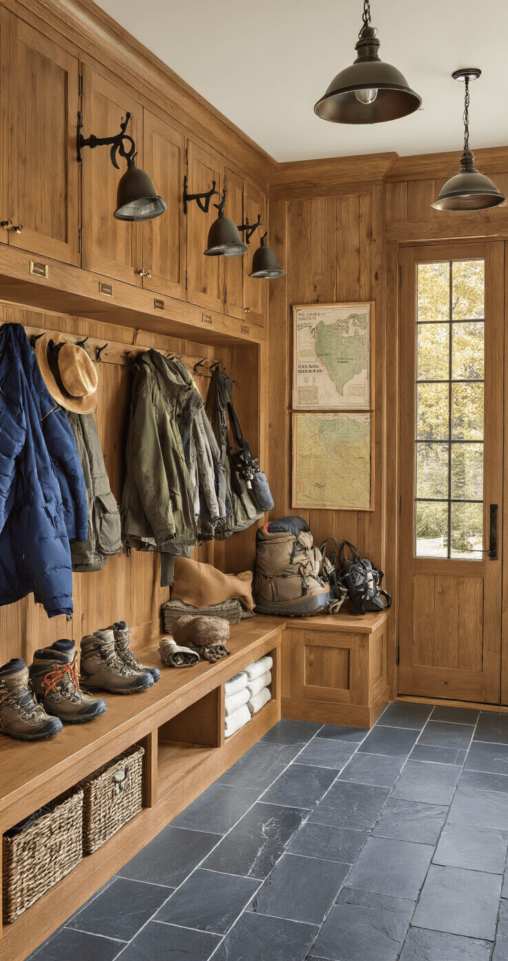 Grand entryway featuring luxury organized autumn adventure gear with individual wooden lockers, brass nameplates, and earth-toned outerwear. Slate tile floors, built-in bench with hidden storage, vintage outdoor displays, wrought iron hooks, and industrial pendant lights create a stylish, functional space for family exploration.