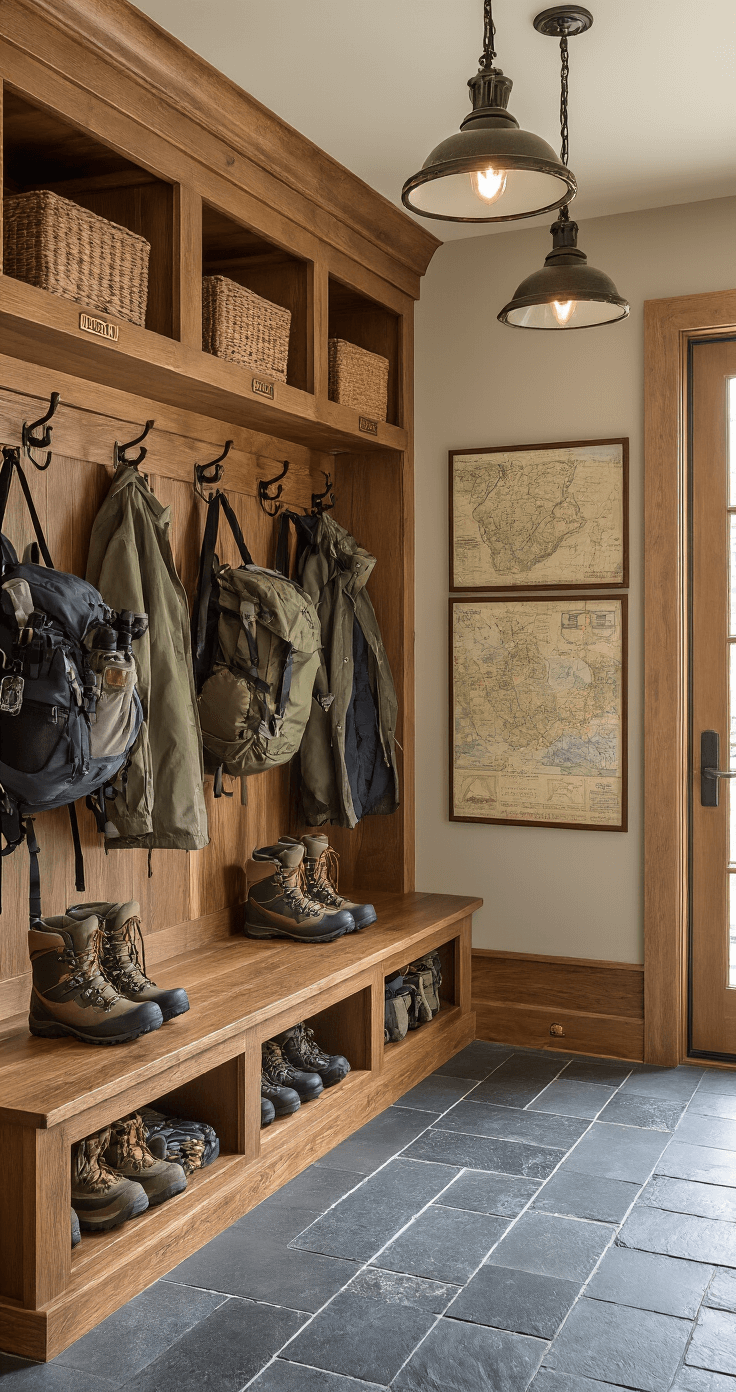 A spacious and organized mudroom featuring autumn adventure gear, including wooden lockers with nameplates, hiking boots, and layered outerwear in earth tones, set on slate tile floors. The room is illuminated by industrial pendant lights, with wall displays of vintage outdoor equipment and maps, and wrought iron hooks holding backpacks and binoculars.