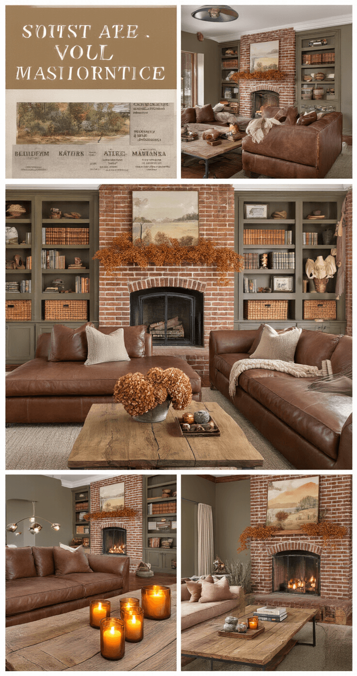 Sophisticated living space with woodland-inspired autumn decor, featuring an exposed brick fireplace, rich brown leather sectional sofa, reclaimed wood coffee table with amber glass candle holders, and warm mushroom gray walls, all illuminated by intimate pendant lighting.