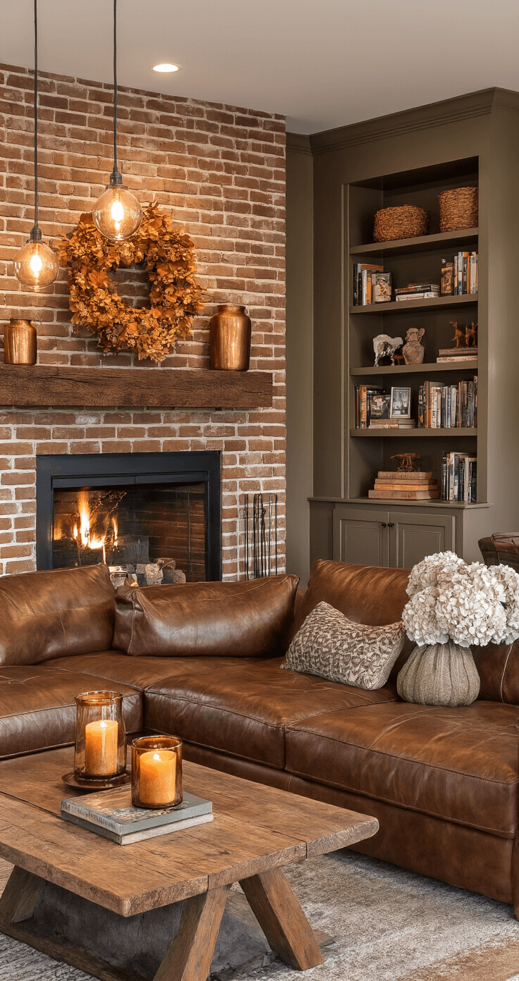 Sophisticated living space with woodland-inspired autumn decor, featuring an exposed brick fireplace, brown leather sectional sofa, reclaimed wood coffee table with amber candle holders, and warm mushroom gray walls, all illuminated by pendant lights in a cozy evening setting.