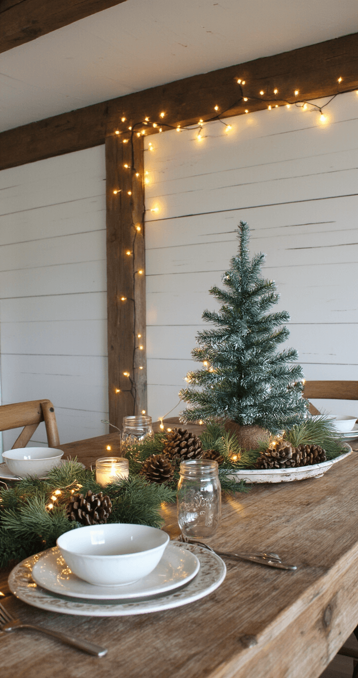 Cozy farmhouse dining scene at blue hour, featuring a rustic wooden table with a DIY centerpiece on a weathered tray, small artificial Christmas tree, pinecones, faux greenery, and battery-powered fairy lights, all under exposed wooden beams and shiplap walls.
