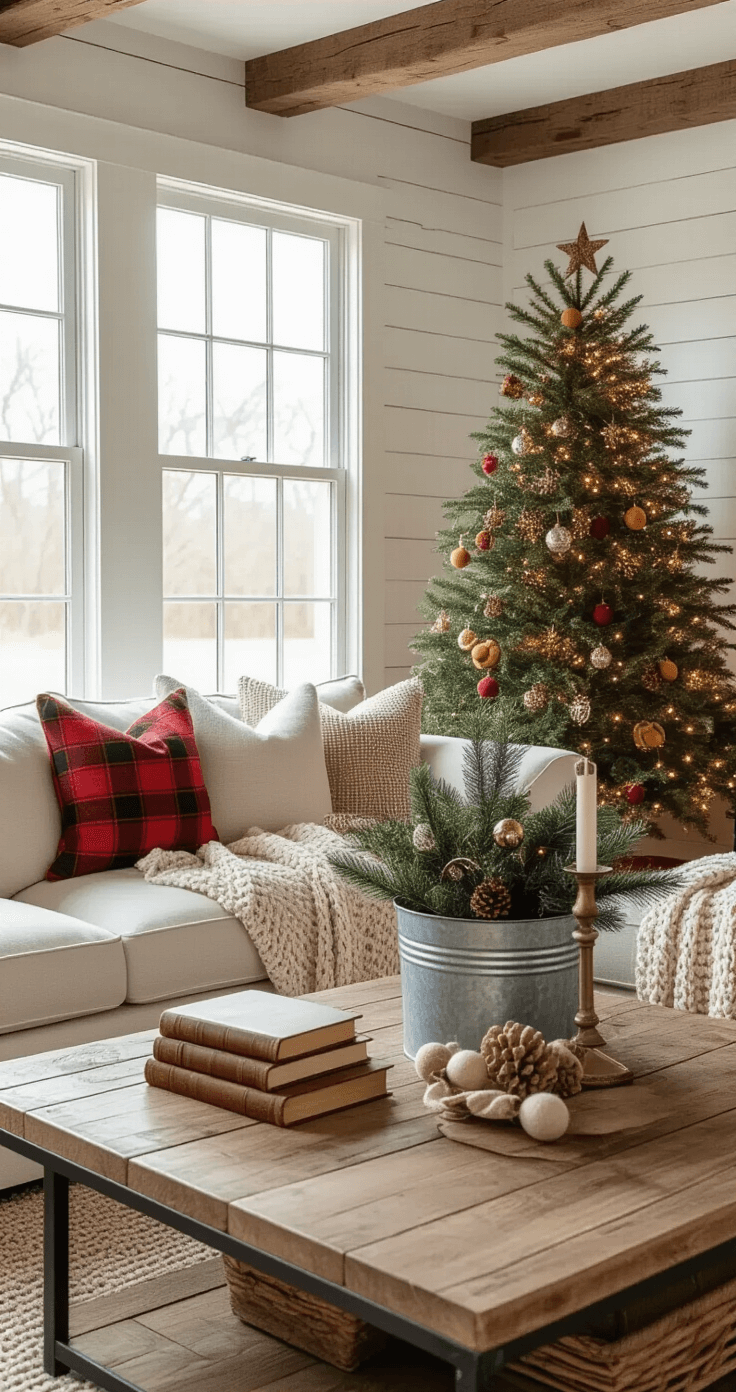 Cozy farmhouse living room corner with an imperfect Christmas tree in a metal bucket, soft golden hour light, cream sectional sofa with red plaid pillows, rustic coffee table with vintage books and candles, decorated tree with felt balls and warm lights, exposed beams and shiplap wall.
