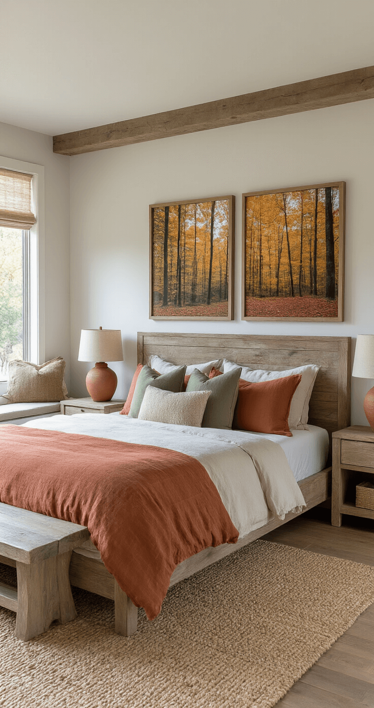 Master bedroom sanctuary with a king-size weathered oak bed, layered earth-toned linens, live-edge nightstands, autumn forest photography on the gallery wall, jute area rug, and a window seat with plush cushions. The scene is illuminated by soft dawn light, creating a serene atmosphere.